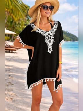 Black Crochet Lace Tassel Beach Cover-Up Tunic Boho Swim Cover Size: S-M
